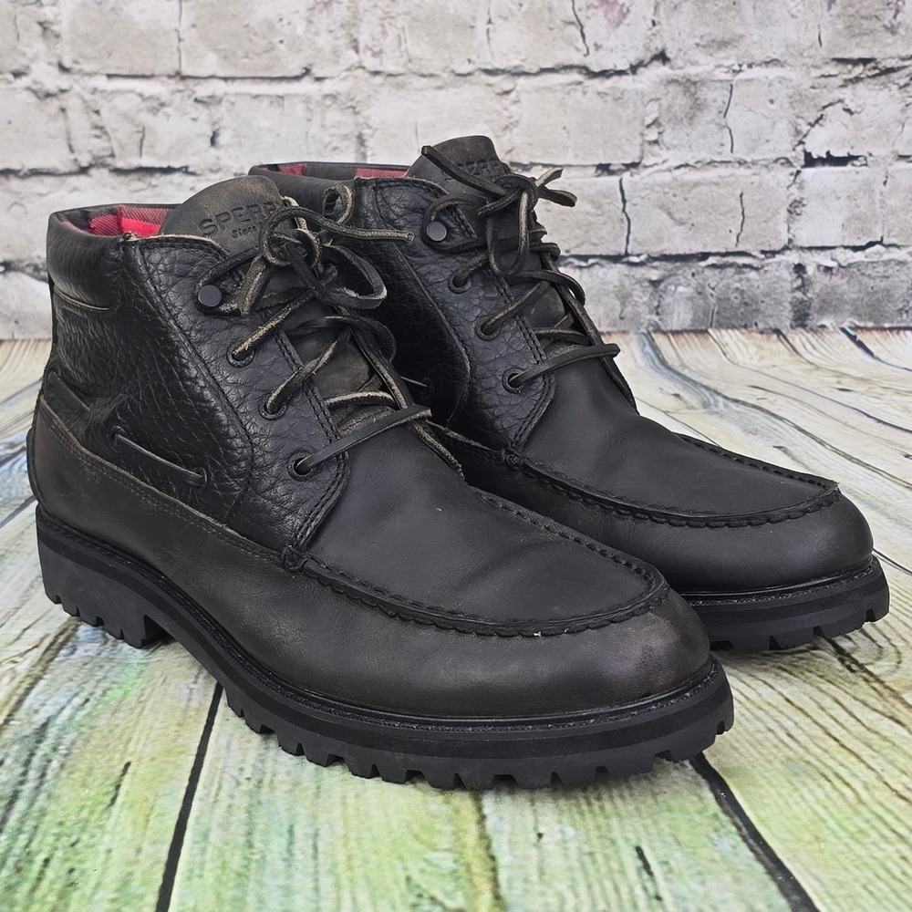 Sperry Gold Cup AO Lug Chukka Boots Mens 12 Black Leather Plaid Flannel STS23634